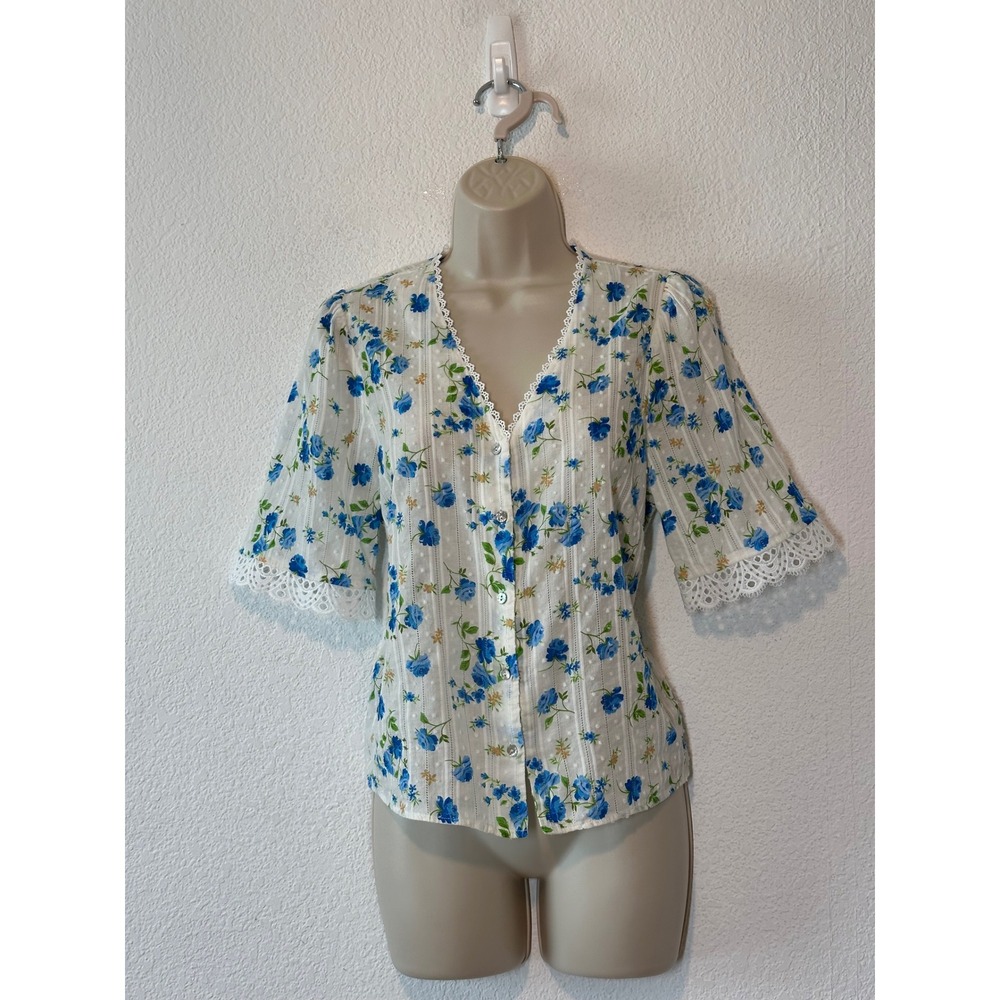 Blue Floral Swiss Dot Lace Trim Blouse Medium Shabby Chic